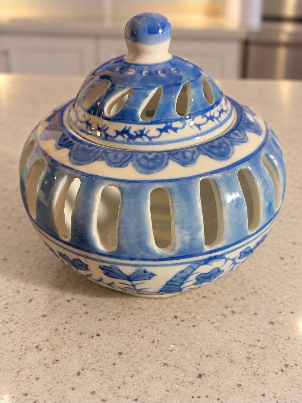 Vintage Silvestri Blue White Pierced Porcelain Potpourri Jar With Lid